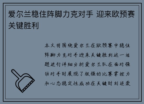 爱尔兰稳住阵脚力克对手 迎来欧预赛关键胜利
