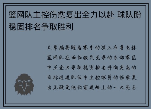 篮网队主控伤愈复出全力以赴 球队盼稳固排名争取胜利